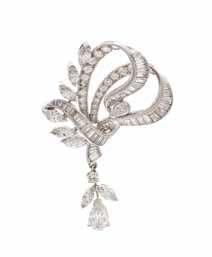 153 155 154 156 153* a Platinum and diamond Pendant/Brooch, containing one pear shaped diamond weighing approximately 0.80 carat, one pear shaped diamond weighing approximately 0.