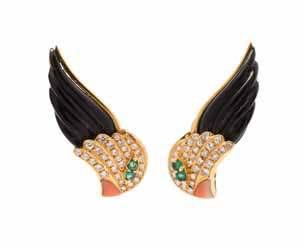 164 163 165 163* a Pair of 18 Karat Yellow Gold, diamond, Emerald, onyx and coral Parrot motif Earclips, french, consisting of two fluted onyx sections, 84 round brilliant cut diamonds weighing