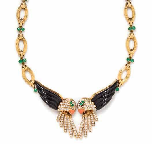 Property from the Estate of Lady Linda Neumann, Lake Forest, Illinois $1,500-2,500 164* an 18 Karat Yellow Gold, onyx, diamond, Emerald, and coral Parrot motif necklace, french, consisting of a