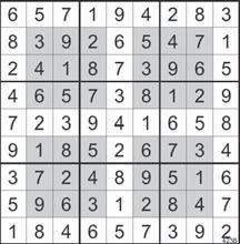 A Hyper Sudoku has unlike Sudoku 13 regions (four regions overlap with the nine standard regions). In all regions the numbers from 1 to 9 can appear only once.
