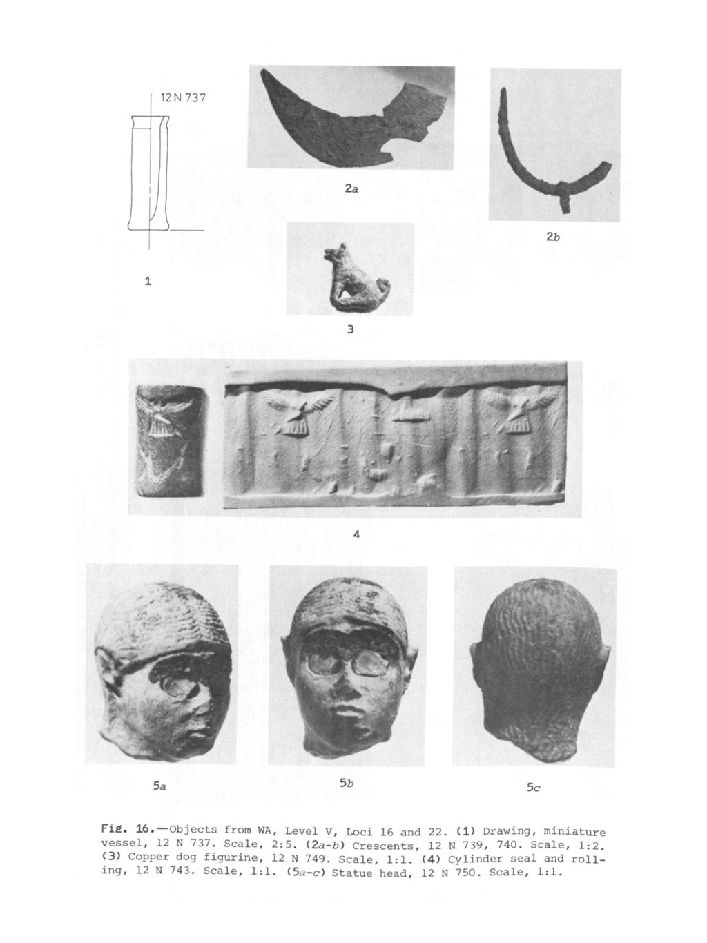 5a 5b 5c Fig. 16.-Objects from WA, Level V, Loci 16 and 22. (1) Drawing, miniature vessel, 12 N 737. Scale, 2:5. (2a-b) Crescents, 12 N 739, 740.