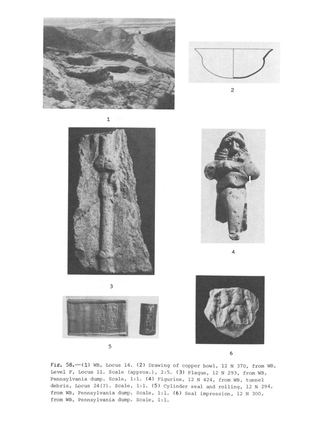 4 Fig. 58.-(1) WB, Locus 14. (2) Drawing of copper bowl, 12 N 370, from WB, Level F, Locus 11. Scale (approx.), 2:5. (3) Plaque, 12 N 293, from WB, Pennsylvania dump. Scale, 1:1.