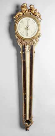 A late George II walnut stick barometer The arched pediment surmounted by three brass finials, the printed paper dial with maker s name DOMIN / IROLIMO within a laurel-festooned band, flanked to each