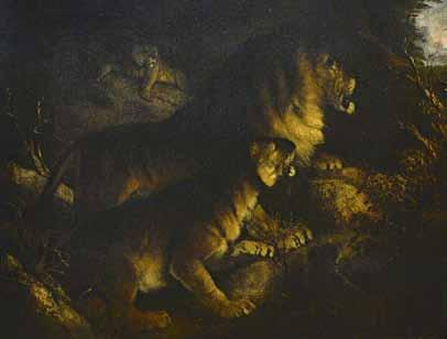1800), A family of lions, oil on canvas, 62cm x 75cm. Illustrated. 1000-1500 (+26.4% BP ) 1653. ** van Spibbeck (19th century), The Marriage Broker, oil on canvas, signed, 53.5cm x 44cm 1654.
