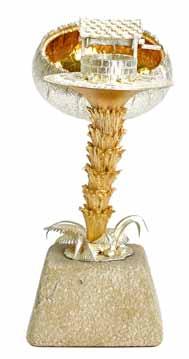 Lot 2120 Lot 2121 Lot 2122 Lot 2123 2120. A silver and silver gilt limited edition ornamental mushroom, Jack and The Bean Stalk theme, raised on a stone base, London 1980, maker C.N.