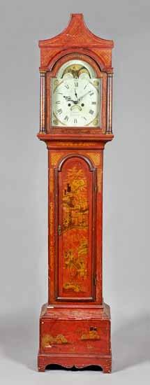 Lot 762 Lot 763 Lot 764 762. A George III parcel-gilt red lacquer longcase clock The movement by B.
