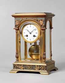 A French brass combination mantel clock, circa 1890 In the form of an oversized carriage clock, the shaped handle above a circular inset glazed panel and aneroid barometer below, plain brass sides,