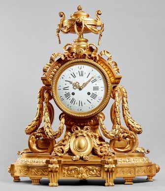 acanthus, on shaped breakfront plinth, the white enamel dial with black Roman chapters and gilt fleur-de-lys, Arabic five-minute divisions, and pierced gilt latten hands, the twin train movement by S.