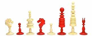 A French stained ivory Regence pattern chess set, 19th century, of turned form, the Kings with crown finials, bishops with canted