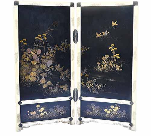 A good Japanese Shibayama inlaid ivory two-fold table screen (Tsuitate), Meiji period, inlaid in ivory, red lacquer and mother-of-pearl with three seated figures in conversation with a nobleman,