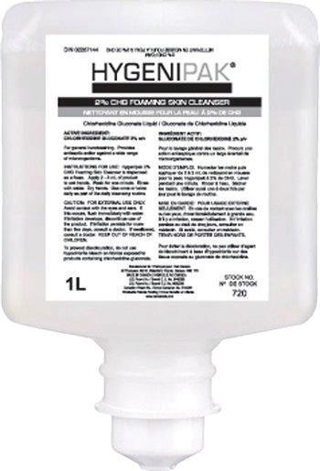 Hygenipak 2% CHG Anti-Microbial Foaming Skin Cleanser (DIN 02267144) Provides antiseptic action against a wide range of microorganisms Scent free and dye free