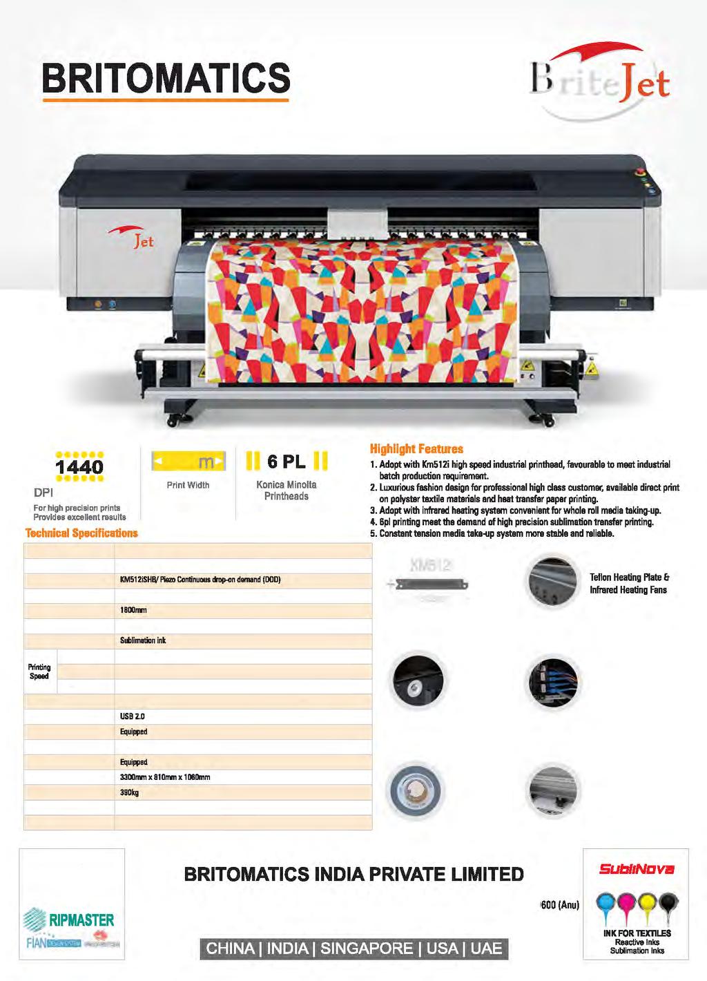 BRITOMATICS 1440 DPI print quality For high precision prints Provides excellent results Technical Spacifications - Modal Bj1804 Color Prinlh&11.