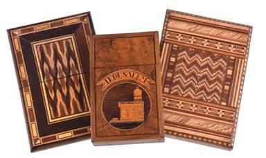 5cm (3 1/4in) long 71 Three marquetry or parquetry rectangular card cases, all late 19th/early 20th century, the first in olive wood with a