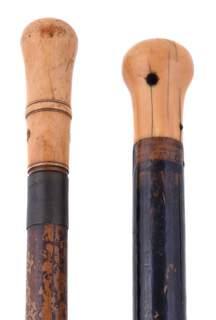 ivory mounted examples (4) 83 Six various walking sticks, the first circa 1900, the handle of plain curved horn, the shaft of sectional multicoloured horn