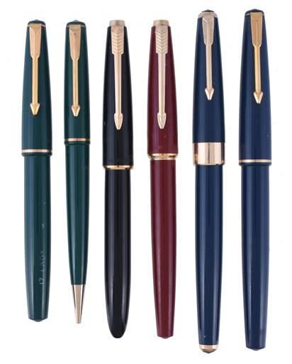 108 Parker, 17, a blue fountain pen, the blue cap and barrel with a single cap band, inked; a further Parker, 17, blue fountain pen;