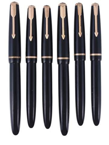 ballpoint pen 60-80 111 Parker, Duofold, a black fountain pen, the black cap and barrel with an engraved cap band, the nib stamped