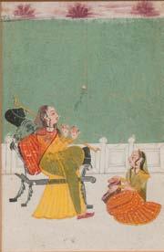25 Painting Depicting a Princely Man, India, possibly Prince Dara Shikoh, standing in profile with a sword in his right hand, a seated lion on a leash to his right,