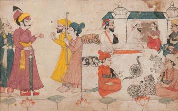 26 Miniature Painting Depicting a Male Musician, India, with a female servant, gilt details, ink and light color on paper, framed and glazed, sight size 7 7/8 x 5 1/8
