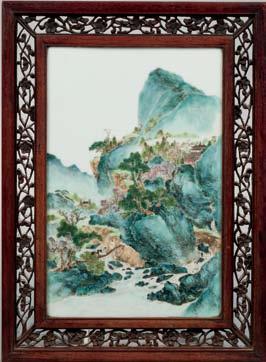 112 111 111 Enameled Porcelain Plaque, China, 20th century, depicting a mountain and water landscape