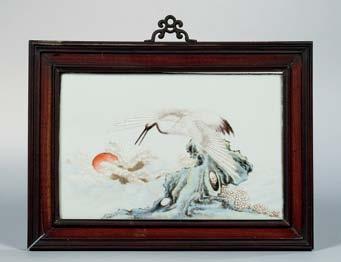 112 Enameled Porcelain Plaque, China, 20th century, depicting a crane on a rock, framed, plaque 9 5/8 x 14