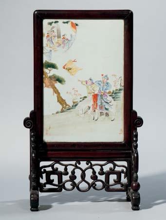 113 Enameled Porcelain Plaque Table Screen, China, 20th century, depicting figures holding a flag, overall