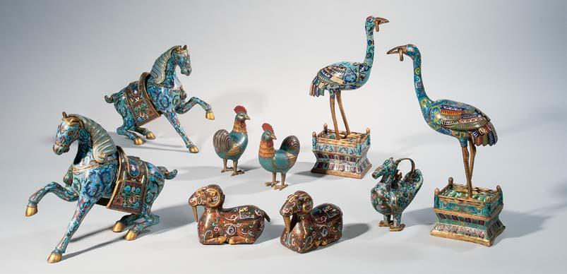 342 335 337 334 (3) 335 Pair of Cloisonné Horses, China, 20th century, decorated with archaic motifs on a turquoise ground, ht.