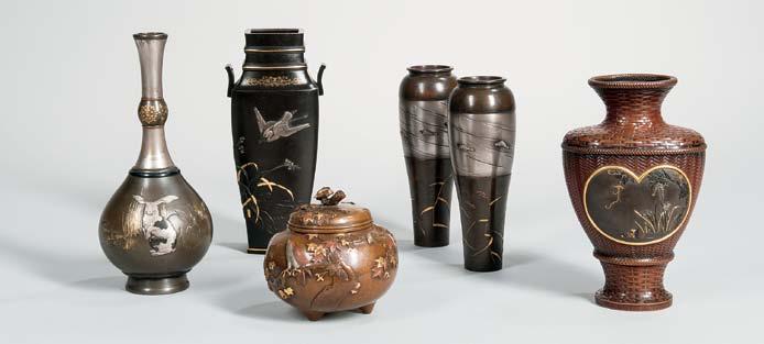 $4,000-5,000 358 Mixed-metal-inlaid Silver Vase, Japan, Meiji period, bottle-shape with a node on the long neck, decorated with rabbits, gilt and lacquered details, signed Masami with a seal near the