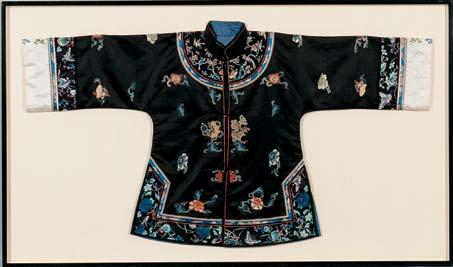 434 435 433 Informal Robe, China, late 19th/early 20th century, dark blue fabric with embroidered roundels depicting cranes, hem and cuffs with crashing waves and
