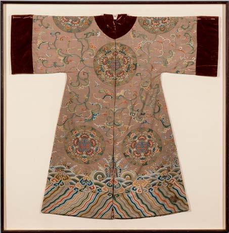 434 Woman s Informal Jacket, China, 19th/20th century, indigo silk with satin embroidery, scattered floral sprays, collar with pomegranates and birds, framed and