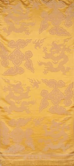 437 Brocade Hanging, China, early 20th century, silk with cotton lining, two sections of a single repeat sewn together depicting bands of stylized peonies and butterflies, 81 x 55 in.