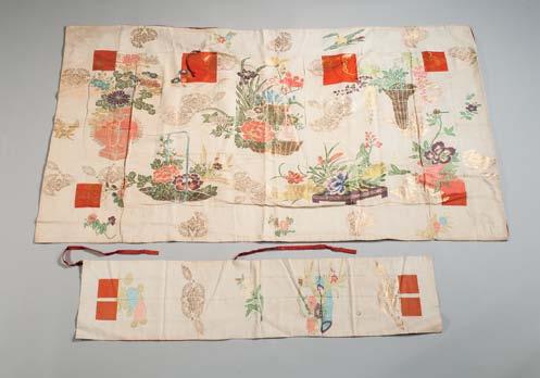 451 Kimono, Uchikake, Japan, 18th/19th century, white brocade ground embroidered with red, green, and metallic threads depicting symbols of longevity, red silk lining, lg. 64 in.