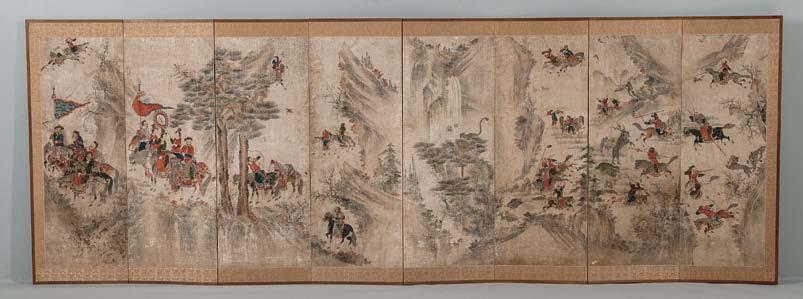 475 Eight-panel Folding Screen Depicting a Manchurian Hunting Scene, Korea, 19th century, in a rocky