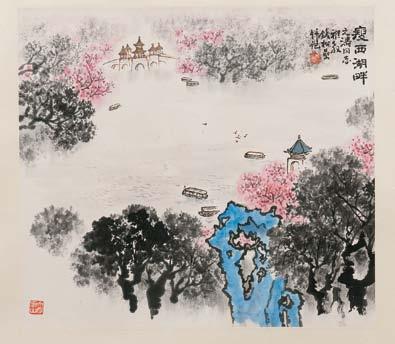 490 Landscape Painting, China, in the manner of Qian Songyan (1898-1985), depicting the West Lake, titled, inscribed, signed, and sealed songyan, ink and color on paper, fabric mat, painting 19 x 21