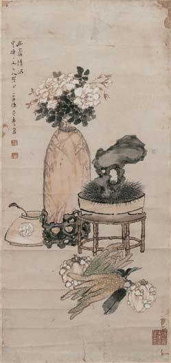 500 501 500 Still Life Painting, China, in the manner of Wu Deyi (1864-1928), with scholarly items and auspicious fruit, titled and signed with three seals, ink and light color on paper, framed and