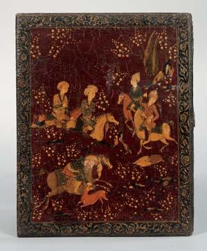1 3 1 Papier-mâché Painted Lacquer Book Binding, Persia, possibly 19th century, depicting a hunting scene with horseback riders, in a floral