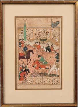 3 Illuminated Manuscript Folio, Persia, 16th century style, depicting an execution scene with a gallows, archers, and a horseman, gouache on
