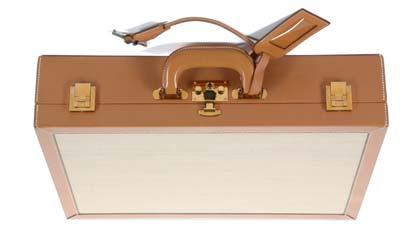 411. Papworth Green and Brown Case, 1950s, green fabric with leather trim, brass hardware, 64cm wide, 40cm deep, grade B 150-200 412. Hermes Toile Briefcase, c.
