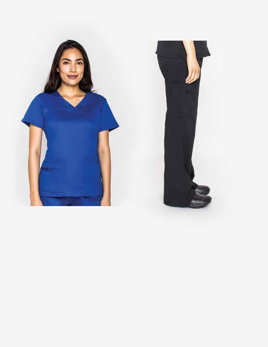 Introducing the New Collection Life Women s Stretch Top Crossover V-neck scrubs Cotton = 55%, Polyester = 41% and Spandex = 4% Crossover modern yoke in the front 2 pockets- front patch pockets at the