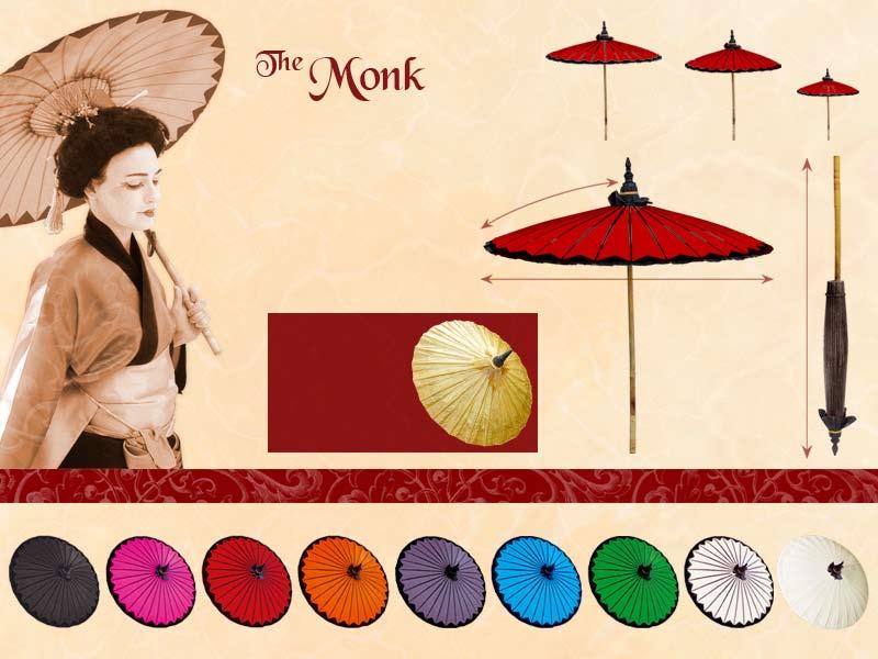 Black Hot Pink Chinese Red Orange Violet Aqua Blue Forest Green White (striped) Off-White (plain) A work of art our Monk parasols have been handmade in exactly the same wayfor over 400 years.