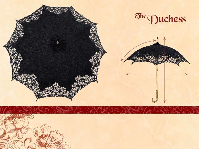 Arc: 48cm / 19 Diameter: 90cm / 35½ Length: 91cm / 35¾ A beautiful long handled lace parasol, the Duchess is just made for a stylish lady.