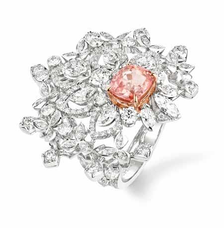 www.chaumet.com Ring in 18K white and pink gold, set with a cushion-cut sunset colour Padparadscha sapphire weighing 3.