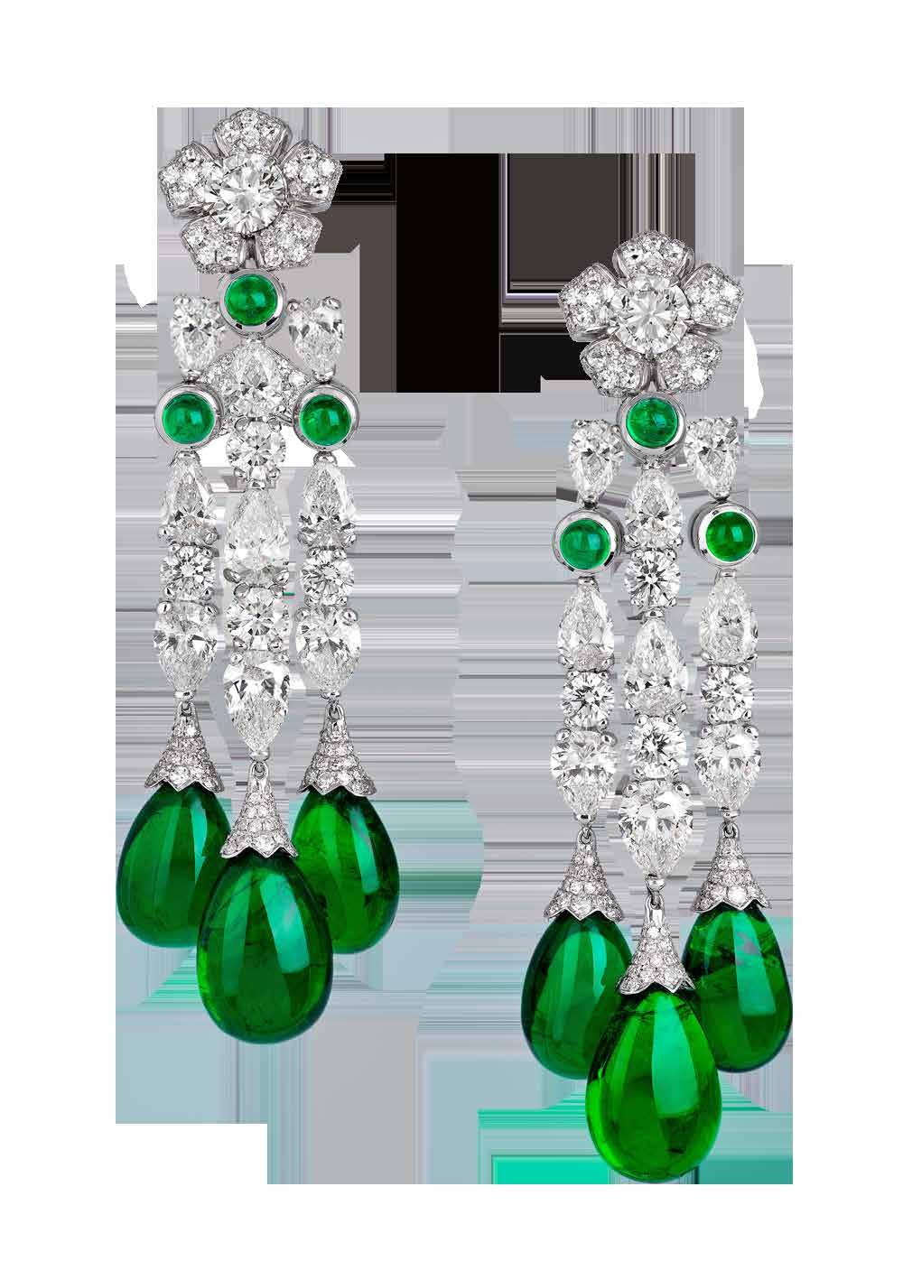 www.davidmorris.com Emerald Chandelier Earrings in 18K white gold set with Zambian emerald cabochons (51.99cts), and 17.46 carats of white diamonds (pearshaped, brilliant-cut and mixed). POA.
