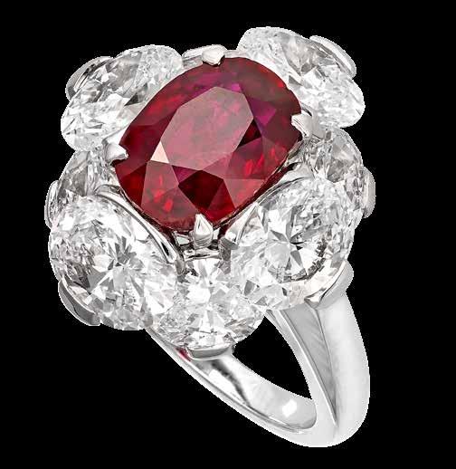 Ruby Ring in 18K white gold set with one 4.01-carat cushion-cut Burmese pigeon blood ruby and 6.