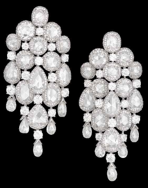 Rose Cut Diamond Chandelier Earrings in 18K white gold set with 14.