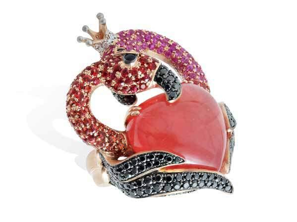 56ct); Rosa Del Inca Collection. POA. Flamingo Ring in 18K pink gold set with one rhodochrosite (6grs), 2 sapphires (0.