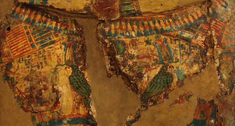 All remaining decoration on the left has been lost, except for a small portion near the foot, where can be seen the mummiform bodies of two deities.