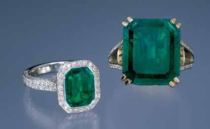 Figure 21. Emeralds create memorable pieces of jewelry such as these two rings (left, 3.30 ct; right, 16.16 ct).
