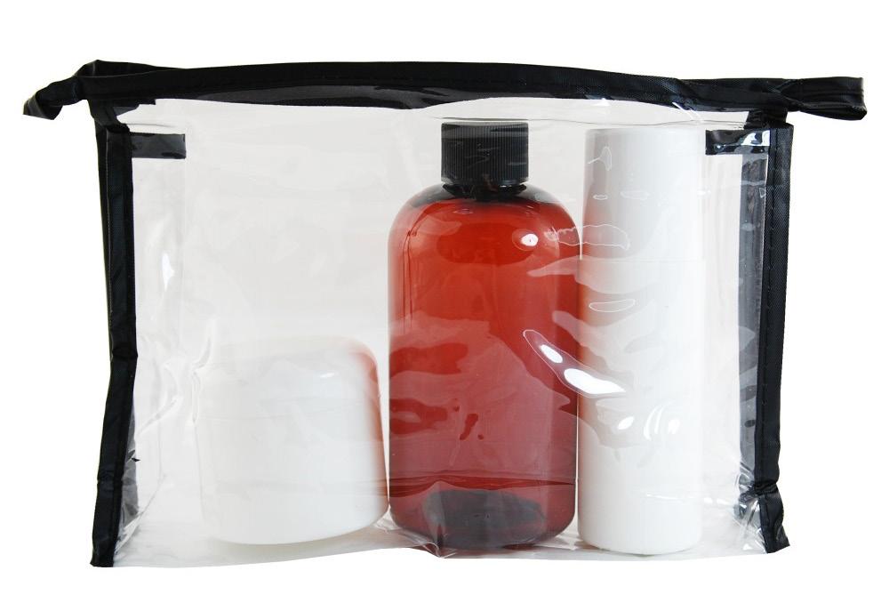 BAGS COSMETIC BAG (ALBA 1) BAG-ALBA-01 Description: Rectangle bottom bag with nylon zipper closure, solid clear PVC, white seams. Small size: height 6 in (15.