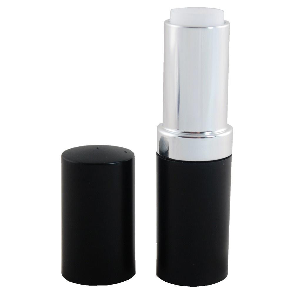 LIPSTICK HOLDER (BELA 6) CNT-BELA-06 Lip Care Containers Description: Very stylish, round plastic lipstick holder, reusable, with revolvable stick holder. Black body & cap with glossy silver ring.