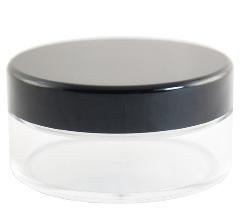 50 POWDER CONTAINER 45ML (BUCA 3) CNT-BUCA-03 Description: Transparent, round plastic (styrene) jar with glossy black, screw cap. Comes with turnable plastic sifter insert with open/close function.